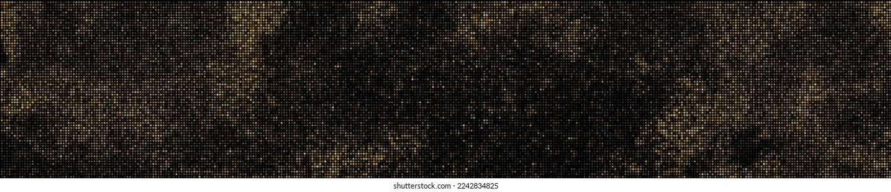 Gold Glitter Halftone Dotted Backdrop. Abstract Retro Pattern. Pop Art Style Background. Golden Explosion Of Confetti. Wide Horizontal Long Banner For Site. Vector Illustration, Eps 10.  