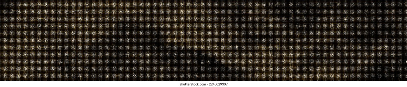 Gold Glitter Halftone Dotted Backdrop. Abstract Retro Pattern. Pop Art Style Background. Golden Explosion Of Confetti. Wide Horizontal Long Banner For Site. Vector Illustration, Eps 10.  