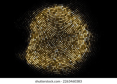 Gold Glitter Halftone Dotted Backdrop. Abstract Circular Retro Pattern. Pop Art Style Background. Golden Explosion Of Confetti. Digitally Generated Image. Vector Illustration, Eps 10.  