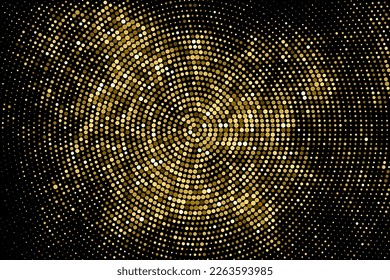 Gold Glitter Halftone Dotted Backdrop. Abstract Circular Retro Pattern. Pop Art Style Background. Golden Explosion Of Confetti. Digitally Generated Image. Vector Illustration, Eps 10.  