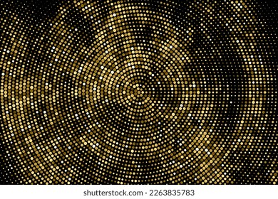 Gold Glitter Halftone Dotted Backdrop. Abstract Circular Retro Pattern. Pop Art Style Background. Golden Explosion Of Confetti. Digitally Generated Image. Vector Illustration, Eps 10.  