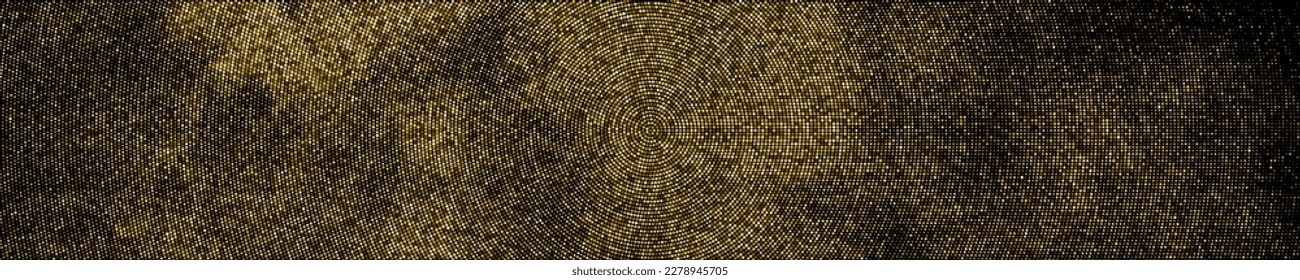 Gold Glitter Halftone Dotted Backdrop. Abstract Circular Retro Pattern. Pop Art Style Background. Golden Explosion Of Confetti. Wide Horizontal Long Banner For Site. Vector Illustration, Eps 10.  
