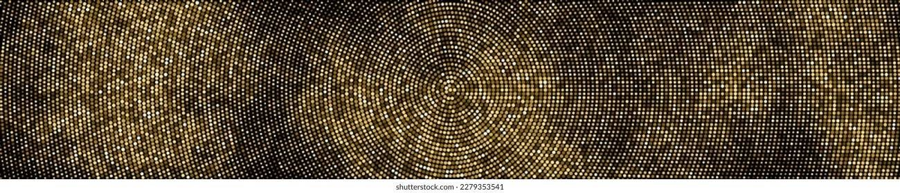 Fondo Dotado De Medio Tono De Glitter De Oro. Resumen del patrón retro circular. Fondo del estilo de arte pop. Explosión Dorada De Confetti. Pancarta Larga Horizontal Amplia Para El Sitio. Ilustración De Vectores, Eps 10.  