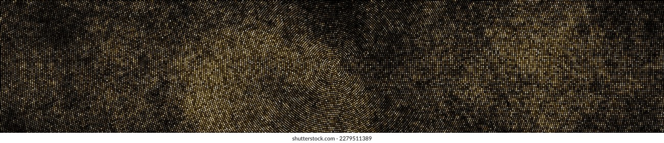 Gold Glitter Halftone Dotted Backdrop. Abstract Circular Retro Pattern. Pop Art Style Background. Golden Explosion Of Confetti. Wide Horizontal Long Banner For Site. Vector Illustration, Eps 10.  