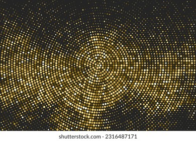 Gold Glitter Halftone gepunkteter Hintergrund. Abstraktes zirkuläres Retro-Muster. Pop Art Style Hintergrund. Goldene Explosion von Confetti. Digitales Bild. Vektorgrafik, EPS10.  