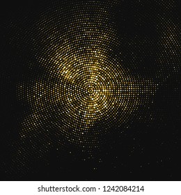 Gold glitter halftone texture background on black with golden sparkle shimmer shine pattern. Circular radial dot design with luxury elegant premium effect. Decorative modern geometric vector illustration