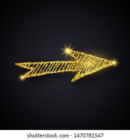 Gold glitter hand drawn arrow. Doodle arrow with gold glitter effect on dark background. Vector illustration