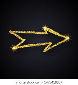 Gold glitter hand drawn arrow. Doodle arrow with gold glitter effect on dark background. Vector illustration