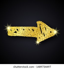 Gold glitter hand drawn arrow. Doodle arrow with gold glitter effect on dark background. Vector illustration