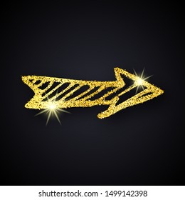 Gold glitter hand drawn arrow. Doodle arrow with gold glitter effect on dark background. Vector illustration