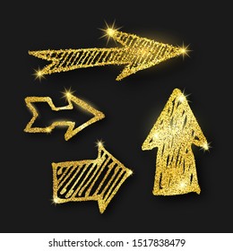 Gold glitter hand drawn arrow. Set of four doodle arrows with gold glitter effect on dark background. Vector illustration