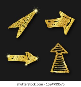 Gold glitter hand drawn arrow. Set of four doodle arrows with gold glitter effect on dark background. Vector illustration