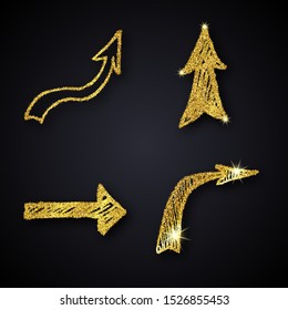 Gold glitter hand drawn arrow. Set of four doodle arrows with gold glitter effect on dark background. Vector illustration