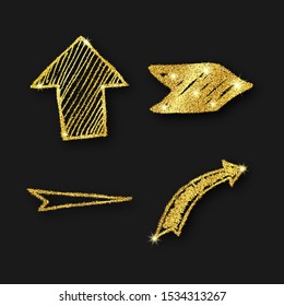 Gold glitter hand drawn arrow. Set of four doodle arrows with gold glitter effect on dark background. Vector illustration