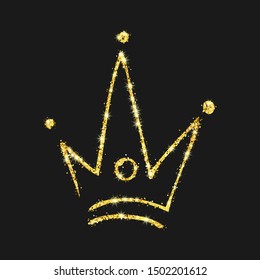 Gold glitter hand drawn crown. Simple graffiti sketch queen or king crown. Royal imperial coronation and monarch symbol isolated on dark background. Vector illustration