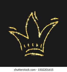Gold glitter hand drawn crown. Simple graffiti sketch queen or king crown. Royal imperial coronation and monarch symbol isolated on dark background. Vector illustration