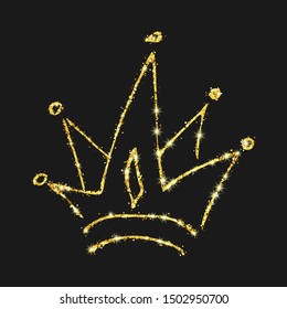 Gold glitter hand drawn crown. Simple graffiti sketch queen or king crown. Royal imperial coronation and monarch symbol isolated on dark background. Vector illustration