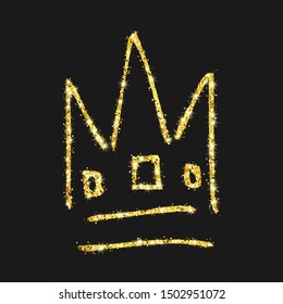 Gold glitter hand drawn crown. Simple graffiti sketch queen or king crown. Royal imperial coronation and monarch symbol isolated on dark background. Vector illustration