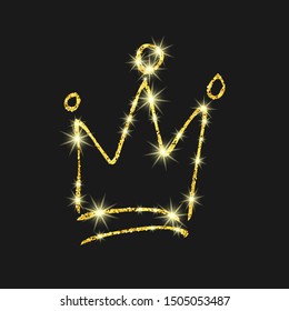 Gold glitter hand drawn crown. Simple graffiti sketch queen or king crown. Royal imperial coronation and monarch symbol isolated on dark background. Vector illustration.