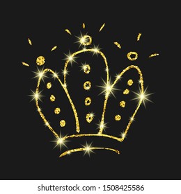 Gold glitter hand drawn crown. Simple graffiti sketch queen or king crown. Royal imperial coronation and monarch symbol isolated on dark background. Vector illustration.