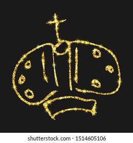Gold glitter hand drawn crown. Simple graffiti sketch queen or king crown. Royal imperial coronation and monarch symbol isolated on dark background. Vector illustration.