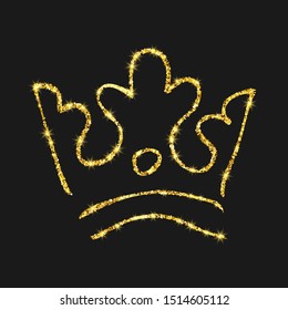 Gold glitter hand drawn crown. Simple graffiti sketch queen or king crown. Royal imperial coronation and monarch symbol isolated on dark background. Vector illustration.