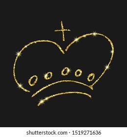 Gold glitter hand drawn crown. Simple graffiti sketch queen or king crown. Royal imperial coronation and monarch symbol isolated on dark background. Vector illustration.