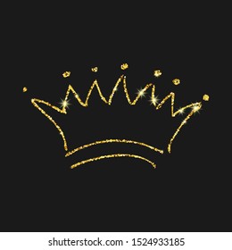 Gold glitter hand drawn crown. Simple graffiti sketch queen or king crown. Royal imperial coronation and monarch symbol isolated on dark background. Vector illustration.