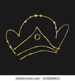 Gold glitter hand drawn crown. Simple graffiti sketch queen or king crown. Royal imperial coronation and monarch symbol isolated on dark background. Vector illustration.