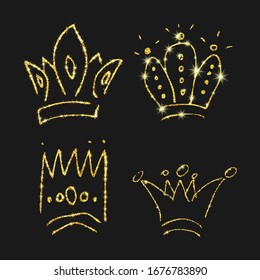 Gold glitter hand drawn crown. Set of four simple graffiti sketches queen or king crowns. Royal imperial coronation and monarch symbol isolated on dark background. Vector illustration.