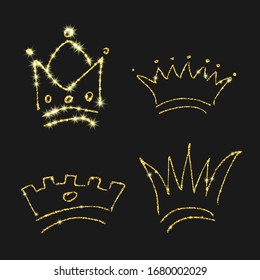 Gold glitter hand drawn crown. Set of four simple graffiti sketches queen or king crowns. Royal imperial coronation and monarch symbol isolated on dark background. Vector illustration.