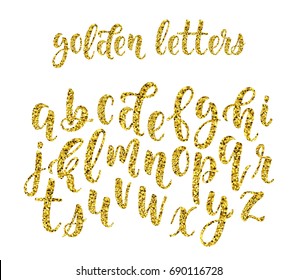 Gold Glitter Hand Drawn Latin Modern Calligraphy Brush Alphabet Of Lowercase Letters. Vector Illustration