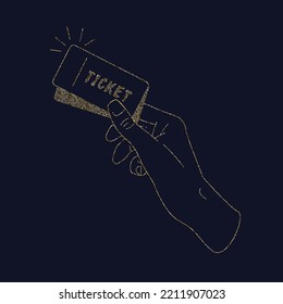 Gold Glitter. The Hands Of The Person Holding The Tickets. Isolated Illustration On A Yellow Background.