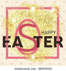 Gold glitter Happy Easter greeting card. Vector illustration.