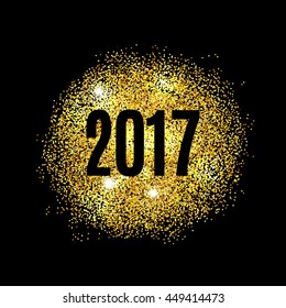 Gold glitter Happy New Year 2017 background. Glittering texture. Gold sparkles with frame. Chic invitation template for new year eve.