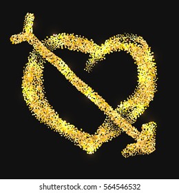 Gold glitter heart and arrow isolated on black background. Happy Valentines Day golden glamour design element.