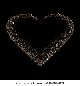 Gold glitter heart frame. Luxury shimmer heart shape border. Sparkling symbol of love. Golden sand award sticker. Magical tag for Valentines Day, wedding card, invitation. Vector illustration, EPS 10.