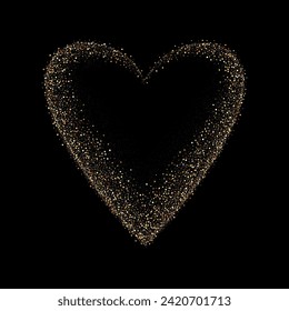 Gold glitter heart frame. Luxury shimmer heart shape border. Sparkling symbol of love. Golden sand award sticker. Magical tag for Valentines Day, wedding card, invitation. Vector illustration, EPS 10.