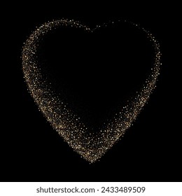Gold glitter heart frame. Luxury shimmer heart shape border. Sparkling symbol of love. Golden sand award sticker. Magical tag for Valentines Day, wedding card, invitation. Vector illustration, EPS 10.