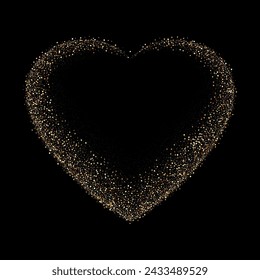 Gold glitter heart frame. Luxury shimmer heart shape border. Sparkling symbol of love. Golden sand award sticker. Magical tag for Valentines Day, wedding card, invitation. Vector illustration, EPS 10.