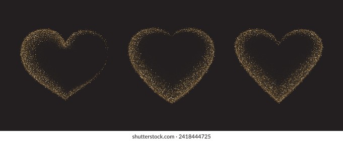 Gold glitter heart frame set. Luxury shimmer heart shape. Sparkling symbol of love. Golden sand award sticker. Magical tag for Valentines Day, wedding card, invitation. Vector illustration, EPS 10.