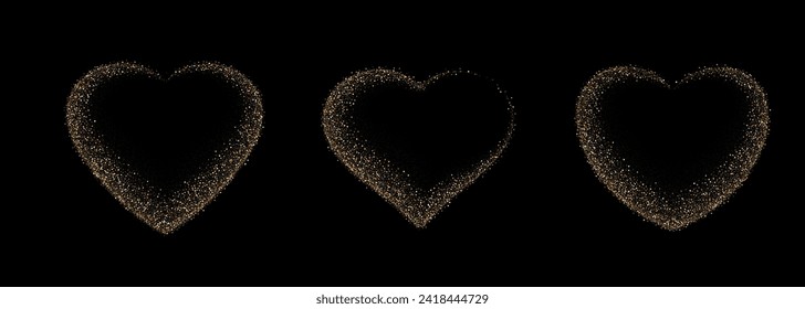 Gold glitter heart frame set. Luxury shimmer heart shape. Sparkling symbol of love. Golden sand award sticker. Magical tag for Valentines Day, wedding card, invitation. Vector illustration, EPS 10.