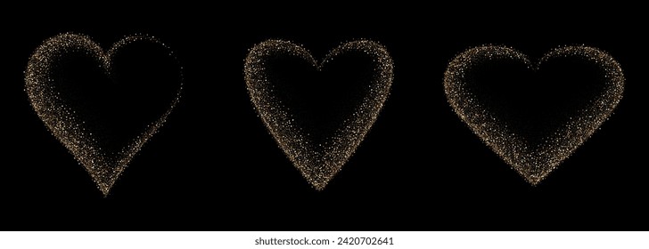 Gold glitter heart frame set. Luxury shimmer heart shape. Sparkling symbol of love. Golden sand award sticker. Magical tag for Valentines Day, wedding card, invitation. Vector illustration, EPS 10.