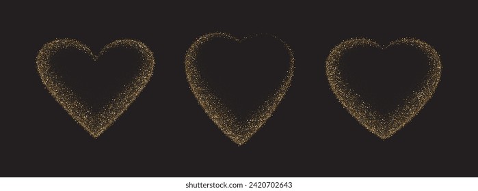Juego de marcos cardíacos brillantes de oro. Forma de corazón brillante de lujo. Símbolo espumoso del amor. Etiqueta del premio de arena dorada. Etiqueta mágica para San Valentín, tarjeta de boda, invitación. Ilustración del vector, EPS 10.