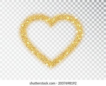 Gold glitter heart frame with sparkles on transparent background. Valentine's Day design template for card, poster, invitation, flyer, gift, cover. Vector golden dust isolated