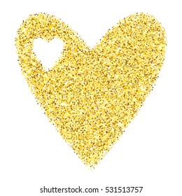 Gold glitter heart isolated over white background. Happy Valentines Day golden glamour design element.