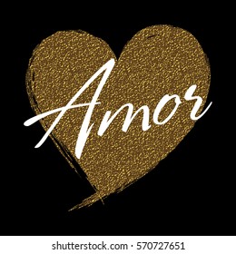 Gold glitter heart and Love text in spanish on premium for Valentines day card