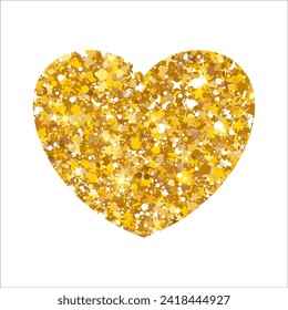 Gold glitter heart. Luxury shimmer heart shape. Sparkling symbol of love. Golden sand award sticker. VIP premium decorative design element. Magical tag for Valentines Day. Vector illustration, EPS 10.