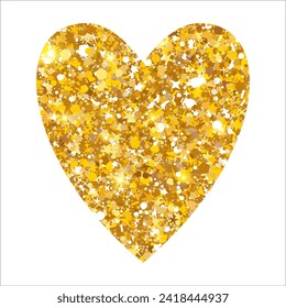 Gold glitter heart. Luxury shimmer heart shape. Sparkling symbol of love. Golden sand award sticker. Magical tag for Valentines Day, wedding card, invitation. Vector illustration, EPS 10.