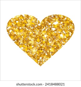 Gold glitter heart. Luxury shimmer heart shape. Sparkling symbol of love. Golden sand award sticker. Magical tag for Valentines Day, wedding card, invitation. Vector illustration, EPS 10.